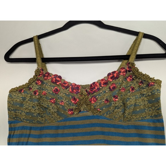 Free People Blue Brown Stripe Lace Floral Trim Cami Tank Top Size M - Picture 7 of 7